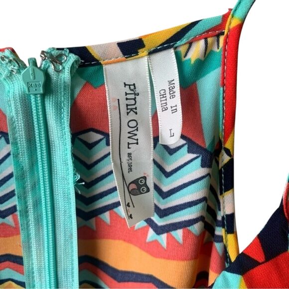 Pink Owl Mini Dress Size Large Southwest Aztec Ruffle Tunic Front Geometric - Picture 7 of 9